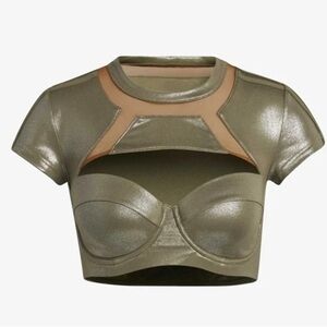 Adidas Ivy Park Metallic Green Brown Short Sleeve Cropped Bikini Swim Top
